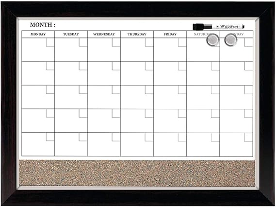 Quartet Whiteboard Calendar & Corkboard, Magnetic, White Board & Cork Bulletin Board Combo, 17" x 23", Wood Finish Frame (22476)