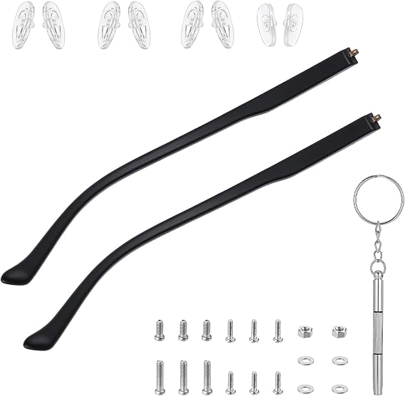 1 Pair Glasses Arm Replacement, Black Eyeglasses Repair Kit Eyeglass Arms Replacement with Screws Washers Screwdriver Nose Pads 6mm Temple Arms for Glass Sunglasses Convex Single Teeth 1.2mm