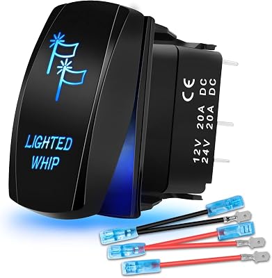 Whip Light Rocker Switch 5Pin Laser ON-OFF LED Light Bar Switch Blue wJumper Wires 20A12V & 10A24V Switch for Offroad UTV Can-am x3 Polaris RZR XP Honda Kawasaki SxS Rvs Vans Boat