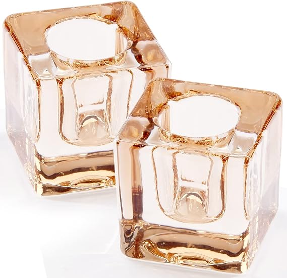 2PCS Amber Square Glass Taper Candle Holders for Table Centerpiece. Decorative Crystal Candle Stick Holder Sets. Candle Stand for Wedding, Dinning, Party.