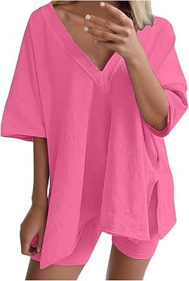 Womens Summer Sets 2 Piece Outfits Pajamas 2 Piece Lounge Sets Oversized Tops Biker Shorts Set Workout Tracksuit