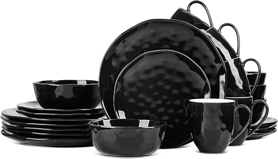 Stone Lain Ivy Stoneware 24 Piece Dinnerware Set, Home Kitchen Dish Set with Dinner Plates, Salad Plates, Bowls, Mugs - Service for 6, Black