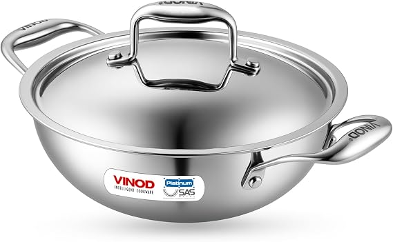 Vinod Platinum Kadai Triply Stainless Steel | Suitable for Indian Cooking, Sauces, Stews, Soups | Deep/Extra Deep Kadai with Lid | Induction, Electric Friendly (Deep Kadai, 24cm)
