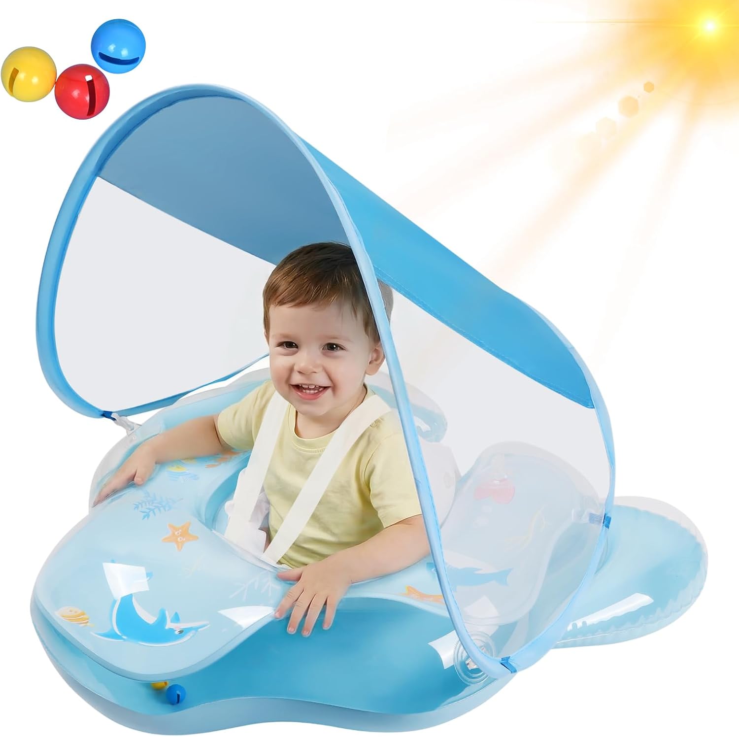 Baby Swimming Float with Removable Sun Canopy and Bell, Toddler Pool Swimming Ring for 6-36 Months, Tail Wing with Dual Air Bags Baby Float Swim Seat and Fun Pool Float for Tod