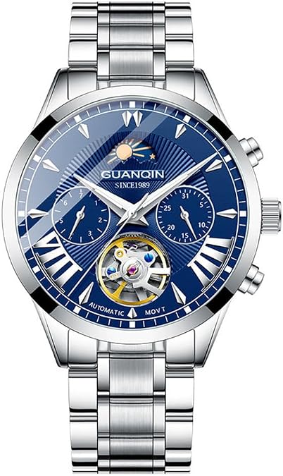 GUANQIN Men Skeleton Multifunctional Automatic Self-Wind Mechanical Watch Sapphire Crystal Business Double-Sided Hollow Waterproof Clock Moon Phase Steel or Leather Strap Wristwatch