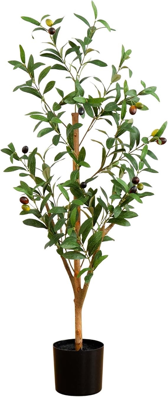 Nearly Natural 3 ft Artificial Olive Tree with Natural Trunk for Decor | Lifelike Fruits and Branches, Maintenance-Free, Nursery Planter Included, Mediterranean Style for Home and Office Decor