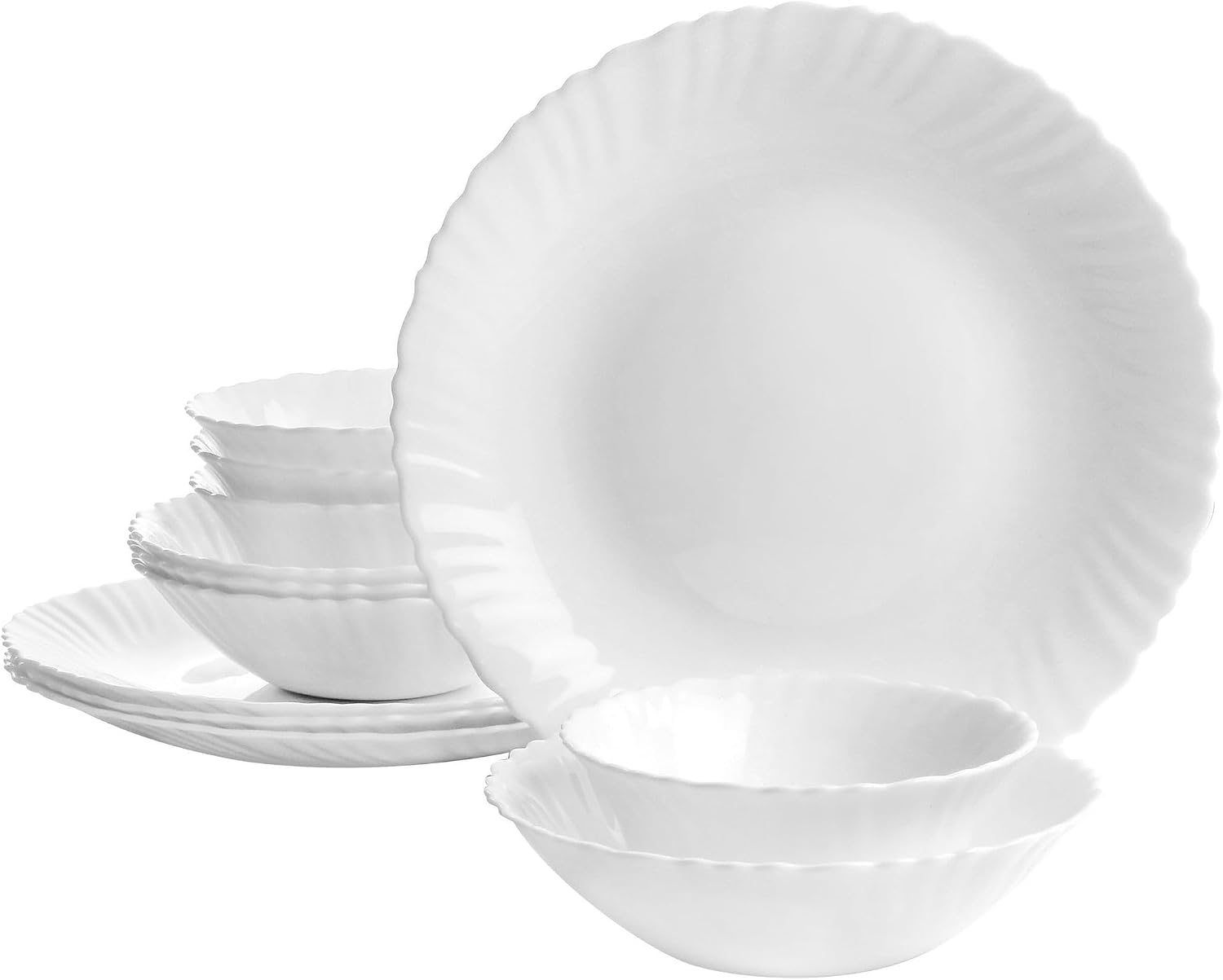 12 Piece White Opal Glass Dinnerware Set – Break-Resistant Plates and Bowls, Chip Resistant Service for 4, Dishwasher & Microwave Safe