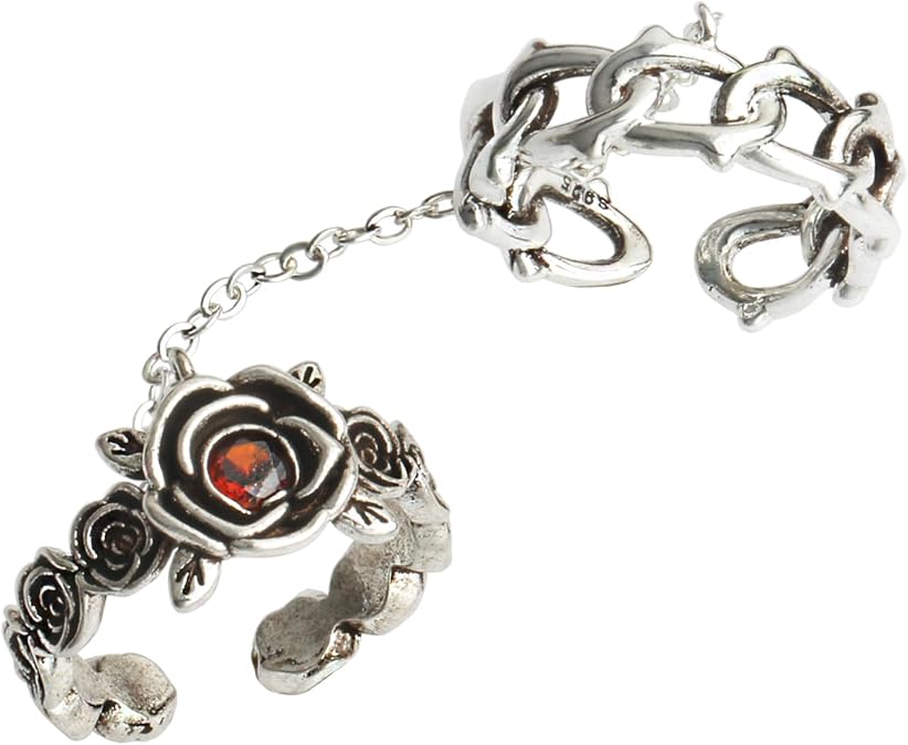Punk Two Finger Statement Rose Flower Ring for Women | Double Rings Linked With Chain, Adjustable