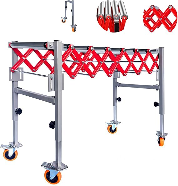 9 Rolls Heavy-Duty Conveyor Roller Stand, 700 LBS Capacity Expandable Roller Conveyor Feed Stand, 23.5 to 43 Expandable Height, for Factories and Workshops (700 LB Red)