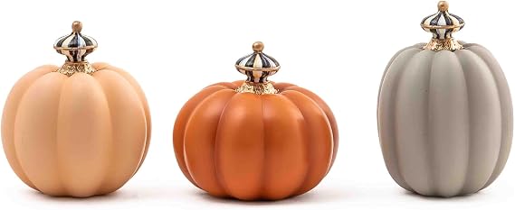 MACKENZIE-CHILDS Resin Pumpkins Set, Mini, Fall on the Farm | Hand-painted design, decorative fall, Halloween, and Thanksgiving figurines, assorted colors and sizes, set of 3
