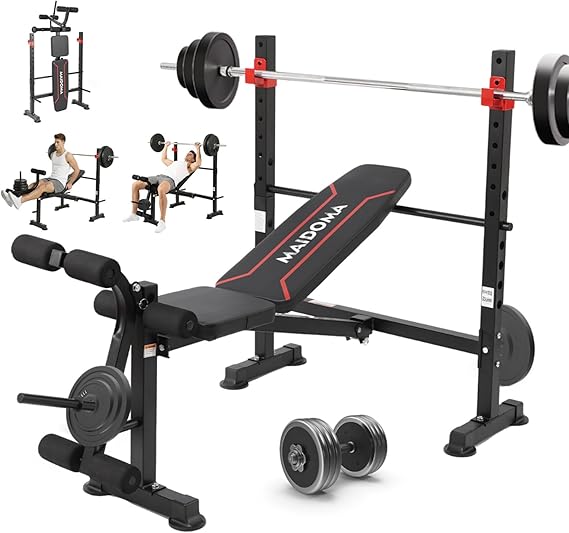 MAIDOMA 1500LBS Foldable 8 IN 1 Weight Bench with Upgraded Leg Extension | Adjustable Flat Incline Decline Bench Press Set with Wide Squat Rack for Full Body Home Gym Workout (US Stock)