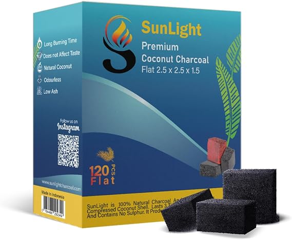 Sunlight Premium Coconut Charcoal Flats- 120 Half Cubes (1.25MM)- Long Lasting Natural Coco Charcoal - Zero ASH - Low Odor - 1.25MM Flats- Long Lasting - Full Burn