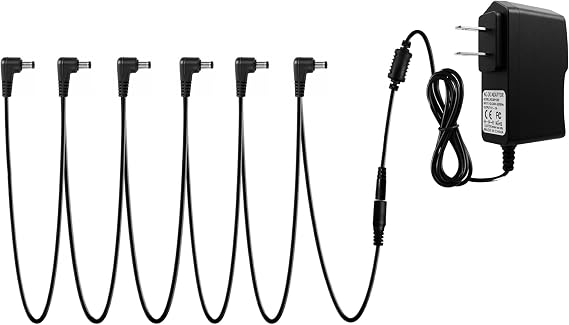 Rockhouse 9V DC 1A Guitar Pedal Power Supply with 6 Way Daisy Chain Cable | Center Negative Power Adapter, Low Noise Pedal Charger, Supply for Pedalboard & Boss 1spot 9 Volt Device, 5.5 x 2.1 mm Barrel
