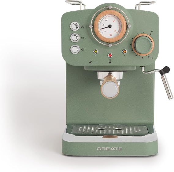 CREATE Thera Retro Semi-Automatic Espresso Machine Grün-Sage Matt and Wood 20 Bar Pressure Pump 1100 W 1.25 L Water Container for Ground Coffee 55 mm ESE Pads with Steamer 1100 W