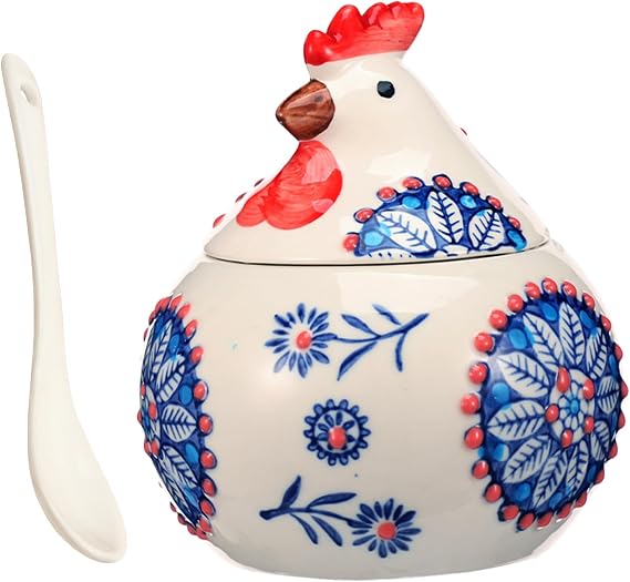 Hand-Painted Ceramic Rooster Salt Cellar, 400ml Novelty Floral Cookie Jar Condiment Pot with Lid and Spoon, Rustic Farmhouse Kitchen Table Decor Sugar Bowl Storage Container, 11x13.5cm