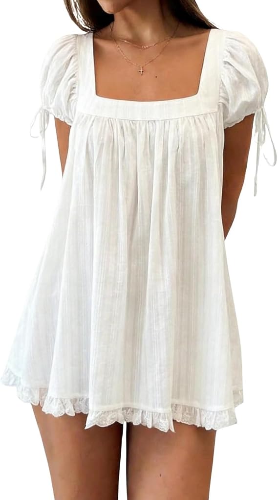 Women Square Neck Babydoll Mini Dress Y2k Puff Sleeve Flowy Short Dress Loose Bow Tie Ruffle Trim Going Out Sundress