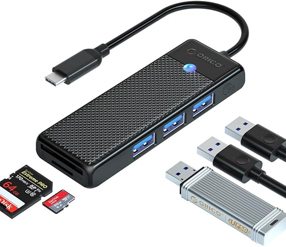 Orico Type-C to 3.0 TF SD Card Reader 3 Port USB 3.0 Multiplexer Adapter Black