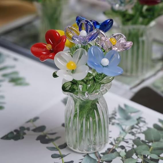 8Pcs Hand Blown Glass Mini Flowers Bouquet Colorful Tiny Glass Daisy Flower with Vase Mini Vase Decor for DIY Crafts Mothers Day Birthday Gift (A)