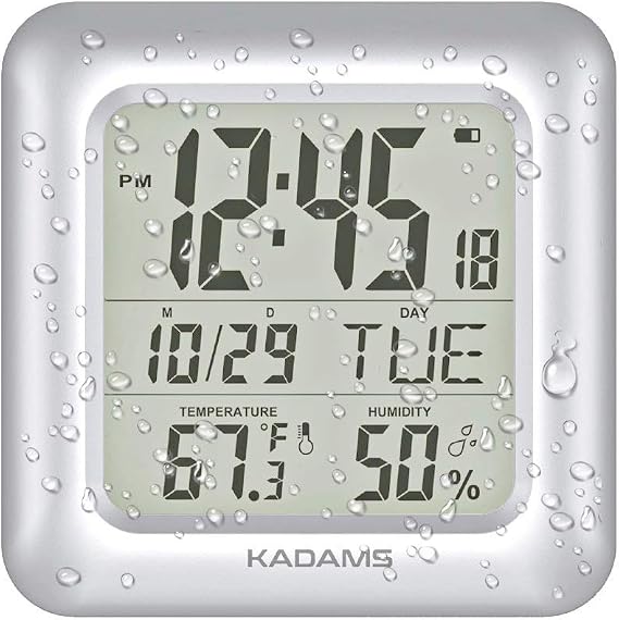 KADAMS Bathroom Digital Clock with Large LCD Screen - Shower Wall Clock with Timer Water Resistant Temperature & Humidity Display Calendar Display 4 Mounting Options,Silver