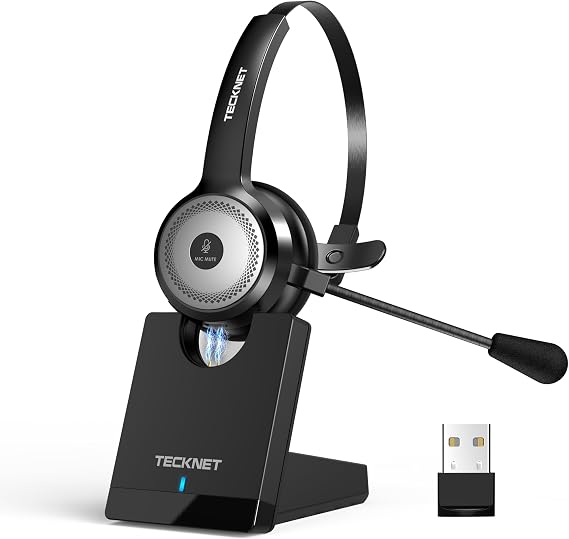 TECKNET Bluetooth PC Headset with Microphone & USB Dongle [45 Hours Call Time & 10 m Range] Wireless Headset with Charging Station Wireless Headset with AI Noise Reduction for Business Office Home Office Bluetooth & USB-Dongle AI Noise Cancelling 998% Schnellladung per StationVerstellbar 270°Mikro Geeignet für Skype/Zoom