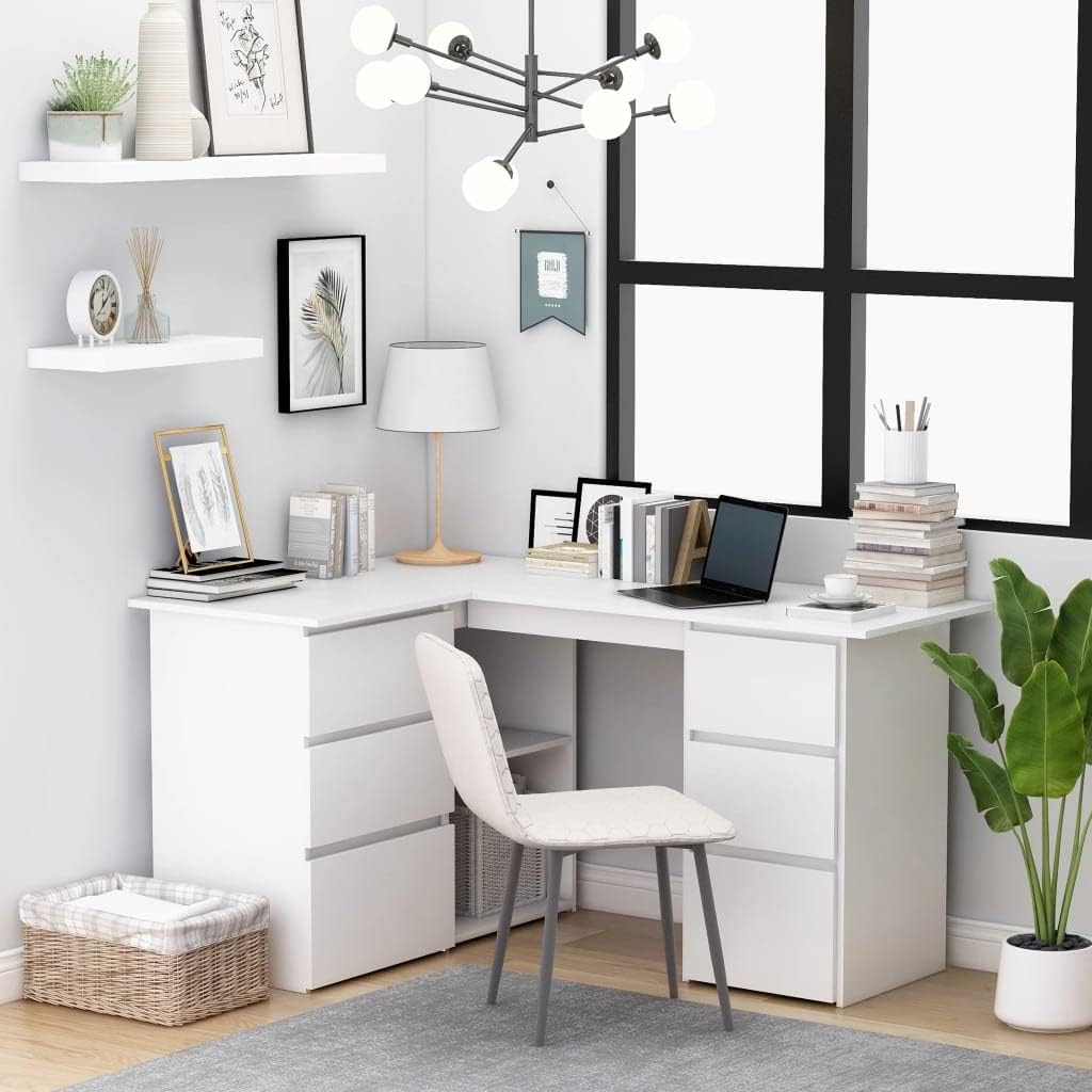Corner Desk, White, 145 x 100 x 76 cm, Wood Composite Table, Computer Desk with Drawers and Open Compartments, Office Table, Corner Desk, Work Table, PC Table for Office, Bedroom