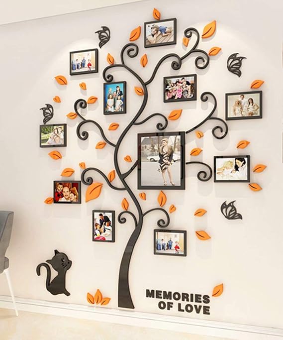 3D Tree Wall Stickers DIY Large Family Photo Frames Tree Cat Wall Decal Art Murals Tree Sticker for Living Room Bedroom Restaurant Home Decor(Orange,XL: 195 * 156cm)