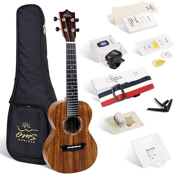 Enya OMS 04 Concert Ukulele Koa Top Bundle 23 Inch Ukelele with Padded Gig Bag, Strings, Tuner, Strap, Capo, Picks, Polishing cloth