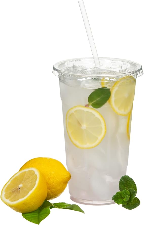 100 Sets (16oz) Disposable Crystal Clear Plastic Cups with Flat Lids and Straws