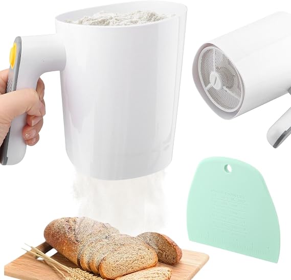 Electric Flour Sifter, 4 Cup/1L Capacity Battery Operated Flour Sifter for Baking with Dough Scraper, Cup Shape Kitchen Cooking Baking Pastry Tools