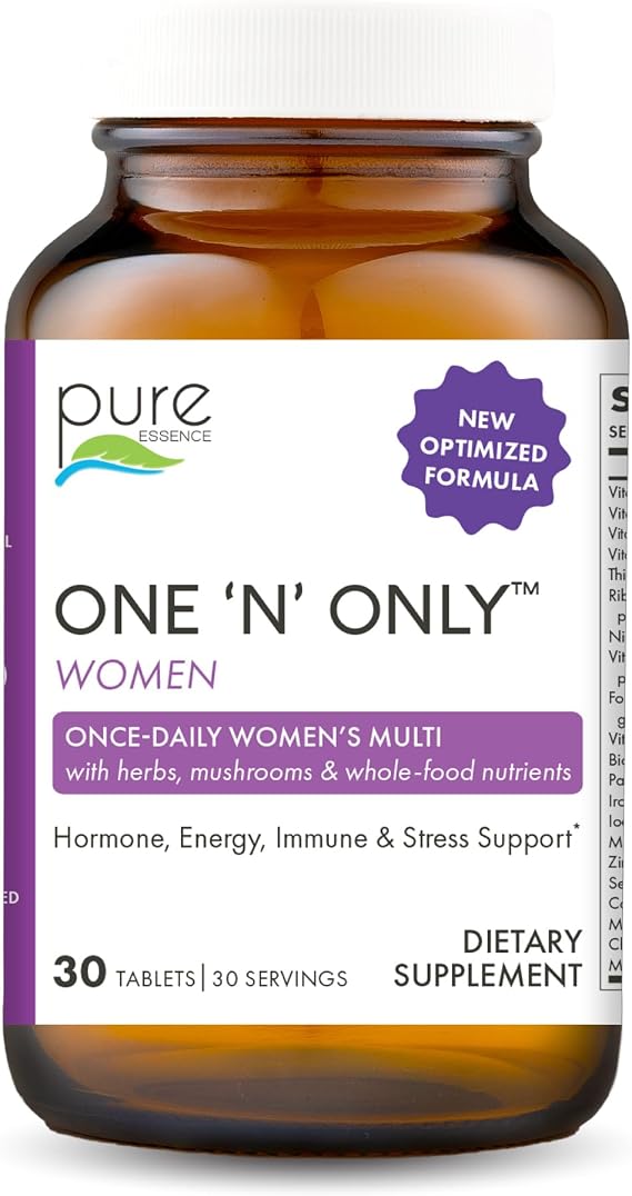 PURE ESSENCE LABS One N Only Multivitamin for Women, Natural One a Day Herbal Supplement with Vitamin D3, B12, and Biotin with Whole Foods, 30 Tablets