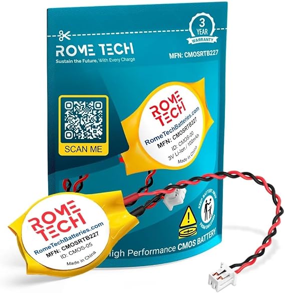 Rome Tech CR2032 CMOS Battery for Dell Latitude 2110, 2120, E5470 | Laptop Backup BIOS CR2032 with 2 Pin Wires (1-Pack)