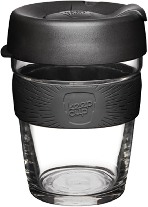 KeepCup Brew, Reusable Coffee Cup - Tempered Glass and Splashproof Sipper, M 12oz/340ml - Black