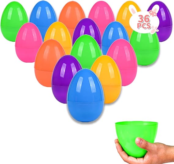 36PCS Large Plastic Easter Eggs, 3.5" Empty Plastic Easter Egg with Assorted Bright Colors for Easter Eggs Hunt, Easter Basket Stuffers, Filling Treats, Party Favor and Classroom Prize Suppy