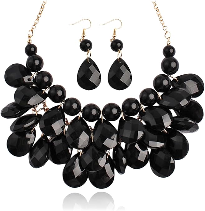 RIAH FASHION Chunky Acrylic Jewel Cluster Floating Bubble Statement Necklace - Teardrop Dangle Layered Bib Collar