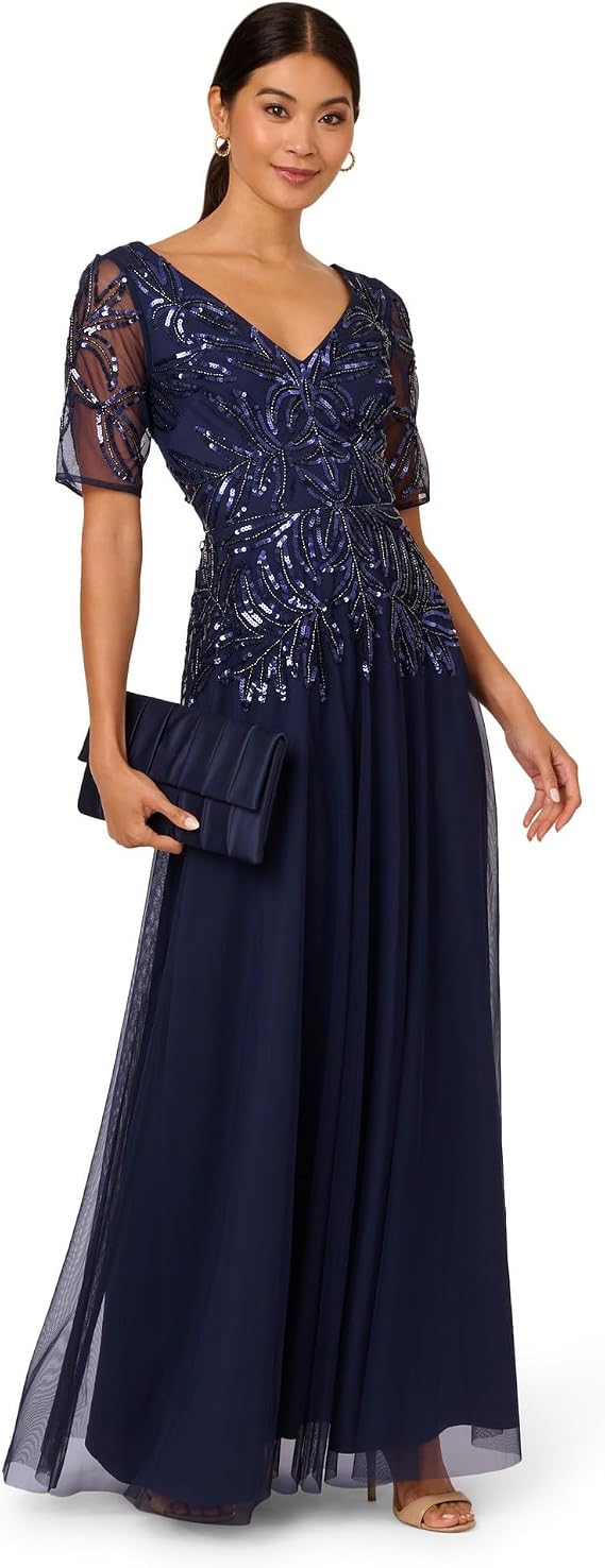 Adrianna Papell Beaded Mesh Long Dress