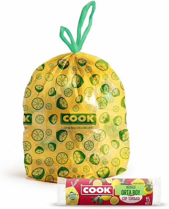 Cook Büzgülü Çöp Torbası, Orta Boy, 55 x 60 cm, 15 Yaprak, Limon Kokulu, Sarı