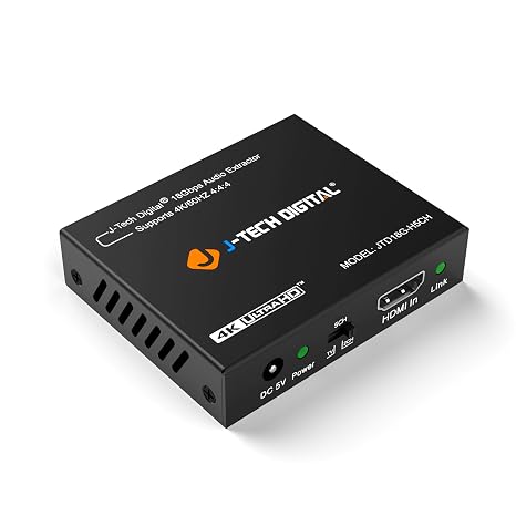 J-Tech Digital 4K HDMI Audio Extractor, 4K@60Hz 1080P@120Hz 1080P@144Hz HDMI to Optical, 3.5mm Audio Converter Adapter, SPDIF, HDR10 CEC Digital Audio, DTS 5.1, [JTD18G-H5CHV2]