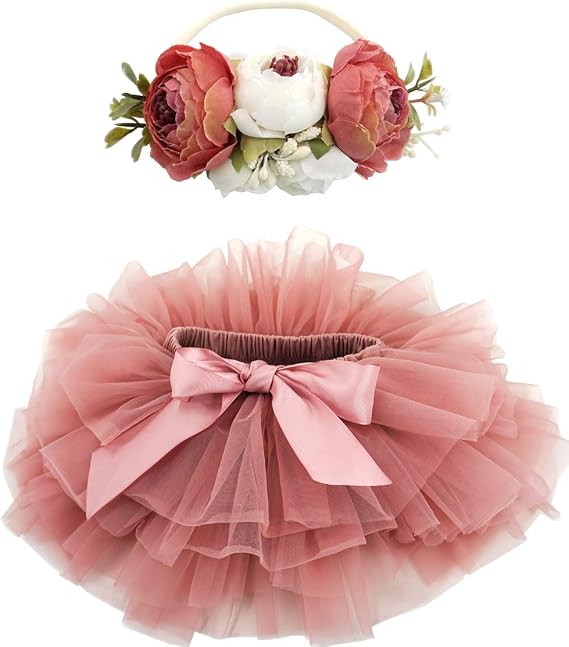 BGFKS Baby Girls Soft Fluffy Tutu Skirt with Diaper Cover,Toddler Girl Tutu Skirt Sets with Flower Headband.