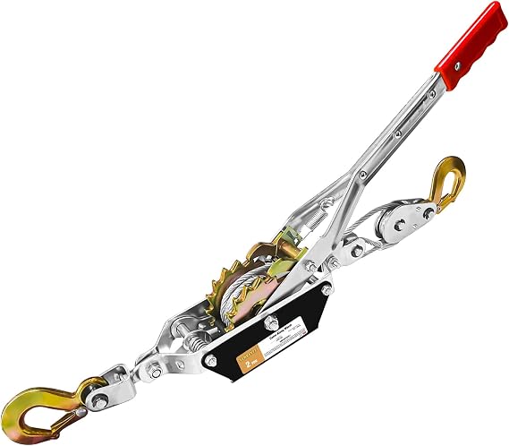 4400 LBS Power Ratchet Cable Come Along Puller Tool Winch 7 FT | Anti-twist Cable, 1-Piece 2 Gear Ratchet, 2 Hooks w/Safety Latches, Larger Handle, Ideal for lifting pulling stretching