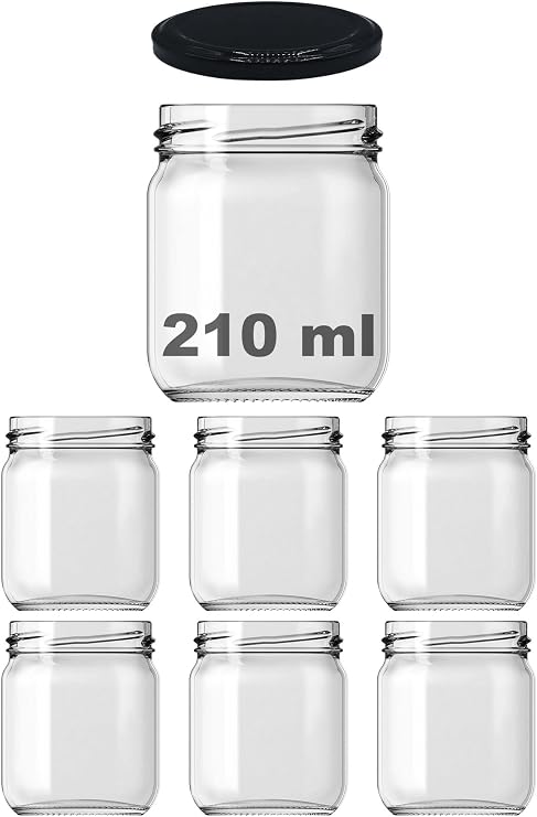 Afracam 10-1000 ml Farklı Boyutlarda Kavanoz (10-1000 Arası) cc Konserve Metal Kapaklı Cam Kavanoz 6 Adet (Şeffaf, 210 cc)