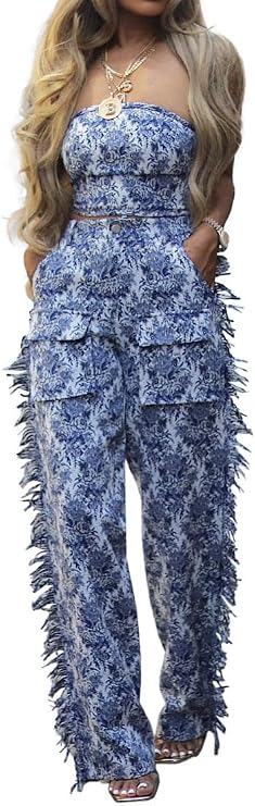 Women 2 Piece Outfits Sets Floral Jacquard Lace Up Strapless Cropped Tube Top Straight Leg Fringe Pants Set