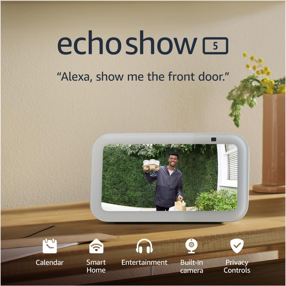 Echo Show 5 (Newest gen), Smart display and alarm clock with clearer sound, White, with Alexa+ Early Access
