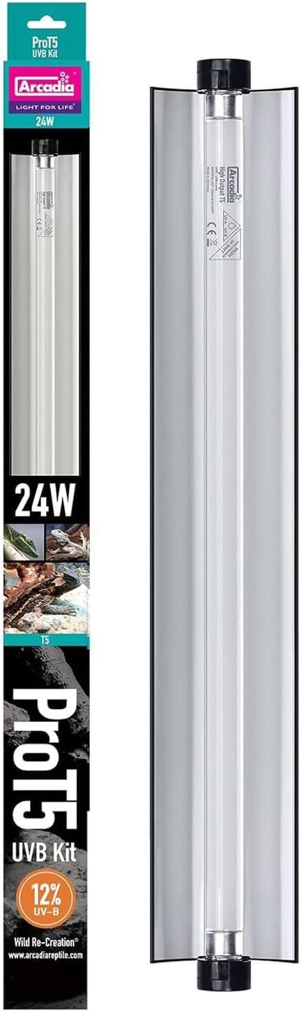 Arcadia T5 UVB Reptile Light Fixture Kit 22.5" Long 24 Watts 12% UVB Desert Complete UVB Light for Reptiles, Turtles, Snake, Bearded Dragon Lamp, Long Lasting Easy to Use Professional Lighting