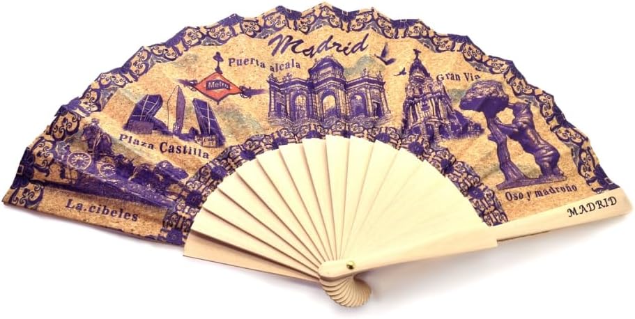 BDM Madrid Souvenir Wooden Fan | Cibeles, Puerta Alcala, Bear, and Strawberry Tree Design | Original Spanish Gift