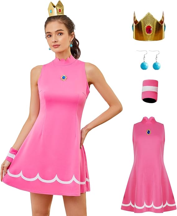 PAINEOMN Princess Cosplay Costume Women Princess Tennis Dress with Crown Earrings Adult Halloween Suit