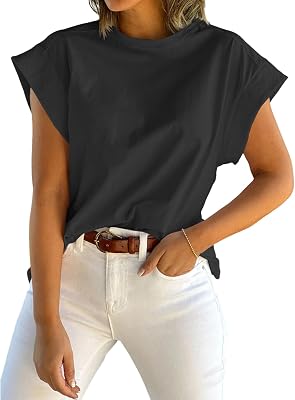 Tankaneo Womens Summer Cap Sleeve Tank Top Crew Neck Solid Casual Loose Fit Basic Tee Shirt