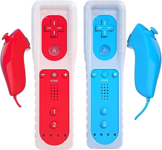 TechKen 2 Pcs Remote Controller for Wii, Remote Game Controllers Compatible with Wii Remote Nunchuck Replacement (Red Blue)