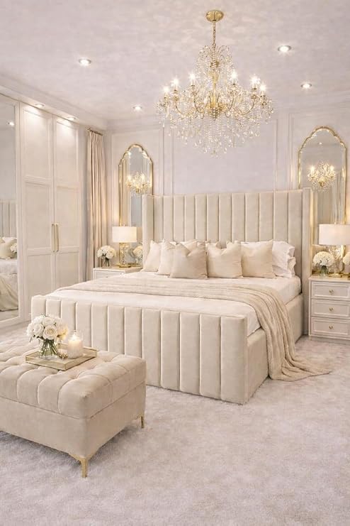 Bespoke Chesterfield Florida Bed Frame - Hand Made in the UK - Double/King/Super King Plush Velvet Fabric Upholstered (Beige Plush, King 5ft with Mattress)