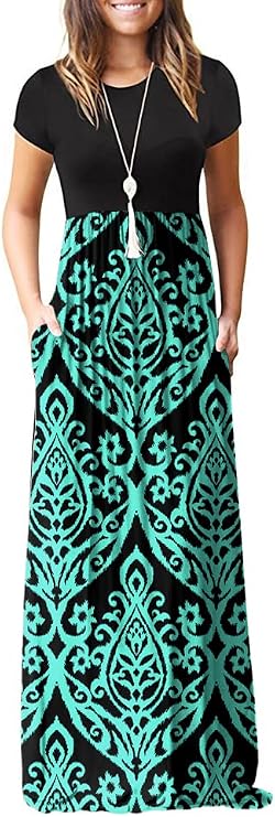GRECERELLE Women Summer Casual Maxi Long Dress Short Sleeve Crew Neck with Pockets, Size S-3XL
