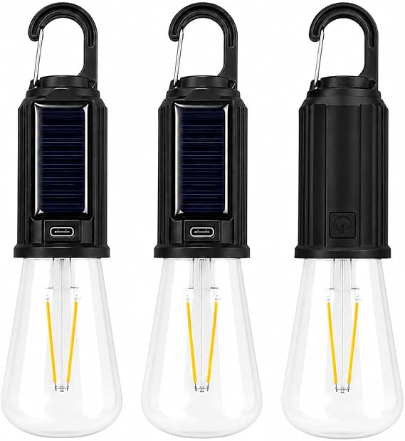 3’lü Set Solar Şarjlı LED Kamp Lambası, Type-C Şarj Girişli Sıcak Beyaz Işıklı Askı Kancalı Taşınabilir Ampul, Kamp Çadır Karavan Bahçe ve Elektrik Kesintisi İçin [Enerji Sınıfı A+++]